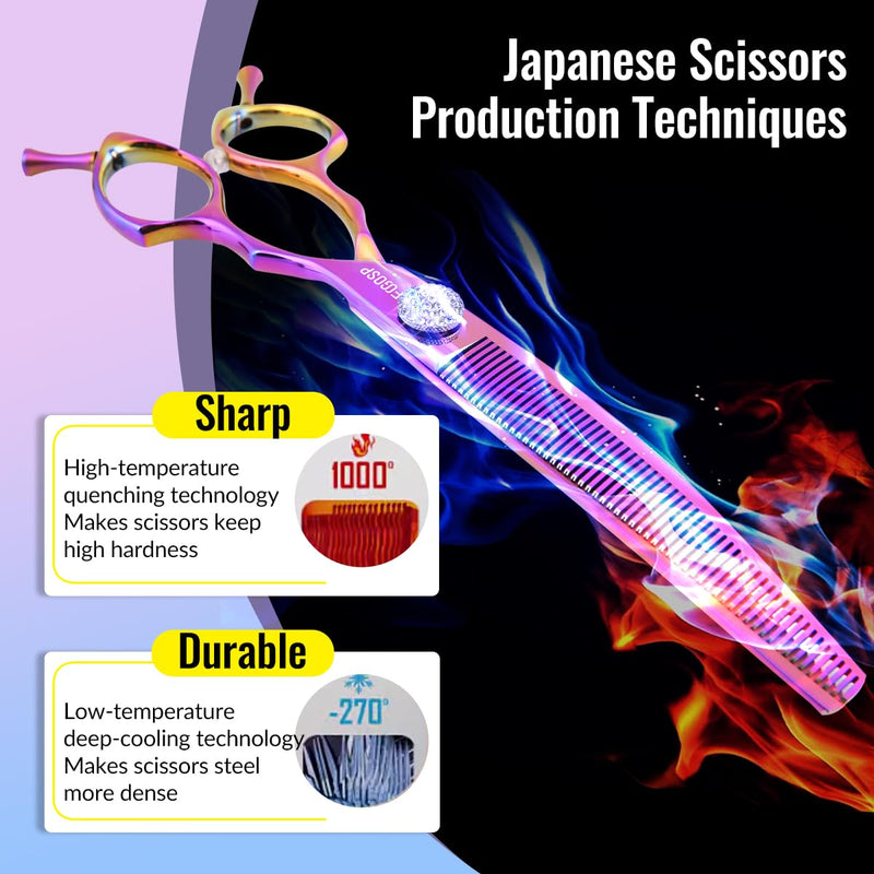 Professional Curved Thinning Shears Dog Grooming Scissors 7.5'' Rainbow Curved Thinner Scissors for Grooming Large Dogs Pet 56 Teeth Japan 440C(Curved Thinner,Rose Red) 7.5 in Curved Thinners Rose Red - PawsPlanet Australia