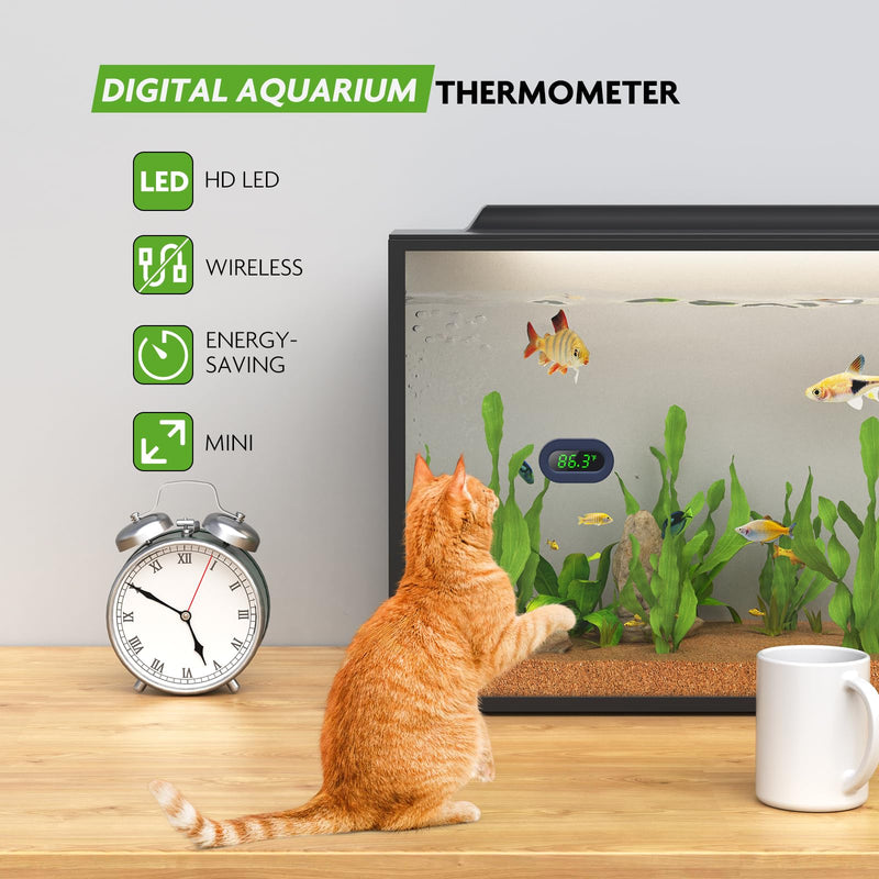 Aquarium Thermometer Digital, LED Display Fish Tank Thermometer Stick On Highly Accurate to ±0.9℉, Wireless Temperature Measurement for Fish, Betta, Aquatic, Replaceable Battery Green Display - PawsPlanet Australia
