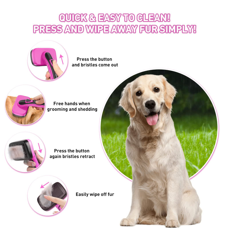 Dog Brush for Shedding, Self-Cleaning Slicker Brush, Perfect for Short & Long Haired Pets, Removes Mats, Tangles, Loose Fur, Gentle on Skin, Ideal for Small, Medium, Large Dogs. Pink - PawsPlanet Australia