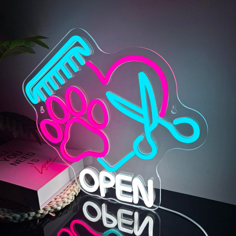 Mutank Pet Shop Open Neon Sign, Paw Neon Light USB Powered LED Dimmable Scissors Sign, for Pet Shop Business Sign Pet Spa Pet Salon Animal Clinic Decor Pet Grooming and Welcome Sign(13.3 * 12.2 In) Blue+Pink+White - PawsPlanet Australia