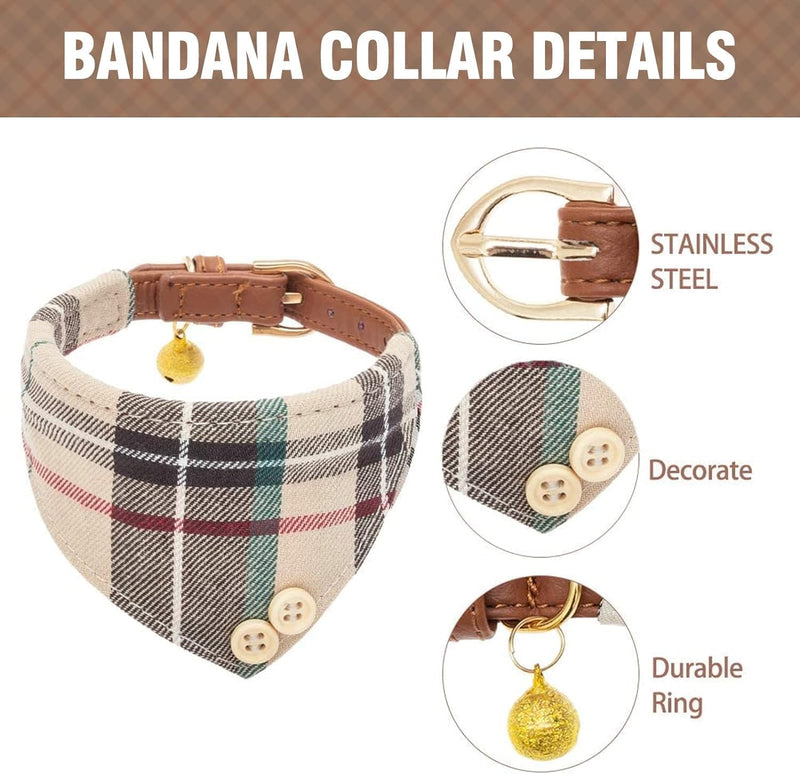 KOOLTAIL Small Dog Collar and Leash Set with Bowtie and Bells - Cute Puppy Bandana Collar and Leash with Classic Plaid Pattern, Soft Leather Tangle Free Leashes for Small Boys Girls Dogs,Cats,Beige XS X-Small((Neck Girth 8"-10") Beige