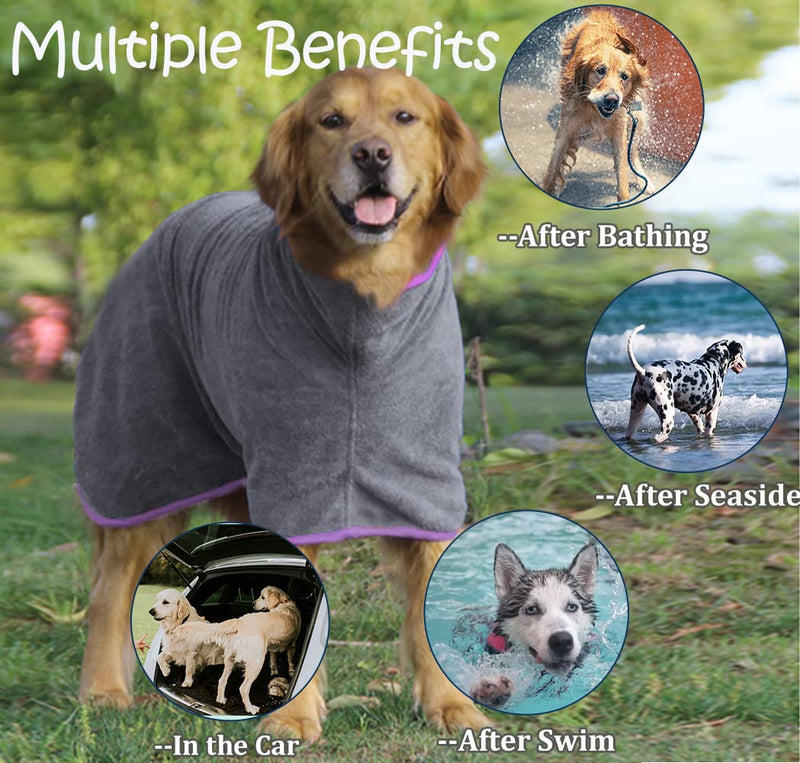 Dog Drying Coat - Fast Drying Dog Towel Robe - Microfiber Super Absorbent Pet Bathrobe, Adjustable Collar & Belly Strap Fast Drying Coat Pet Dog Cat Bath Robe Towel XX-Large Grey