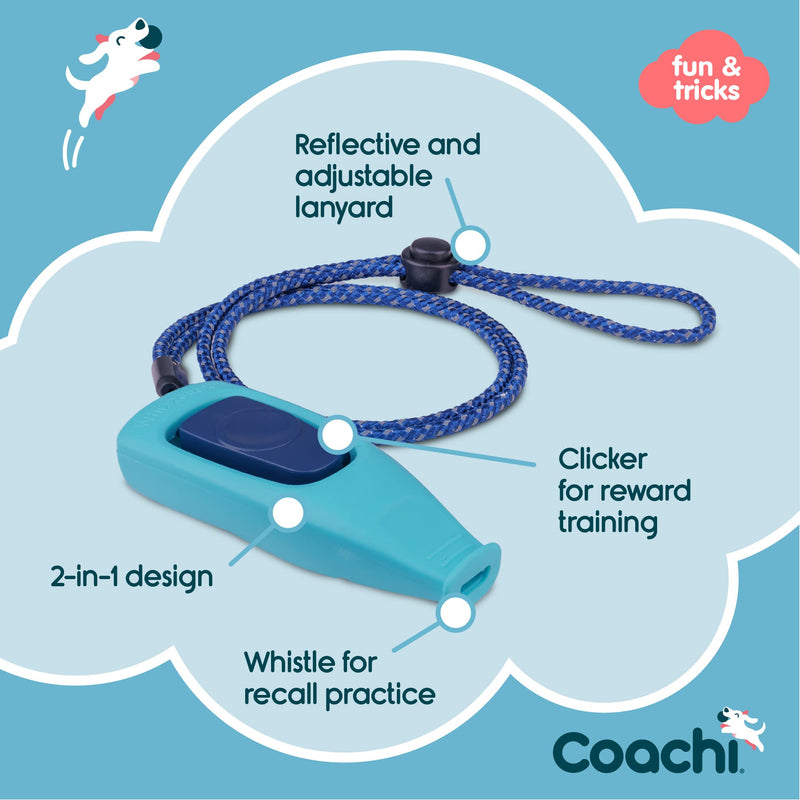 Coachi Whizzclick, 2-in-1 Combined Clicker and Whistle, Dog Training Whistle for Recall and Clicker Training for Rewarding, Adjustable and Reflective Lanyard, Suitable for Dogs and Puppies Light Blue - PawsPlanet Australia