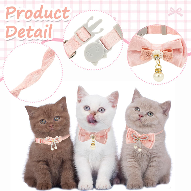 Pink Cat Collar, 4pcs Safety Buckle Kitten Collar Girl with Pearl Pendant Adjustable Cute Cat Collars for Girl Cats with Bow Fashion Comfortable Washable Removable Design - PawsPlanet Australia