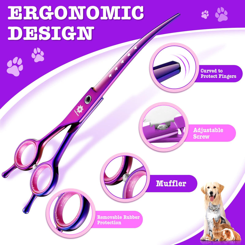 Dream Reach Dog Grooming Scissors - 7" Professional 6 in 1 Pet Scissors Sharp and Durable Shears Set Thinning, Chunker, Straight, Curved Shears and Comb for Dog Cat Pets, Purple 7Inch-Set-Purple - PawsPlanet Australia