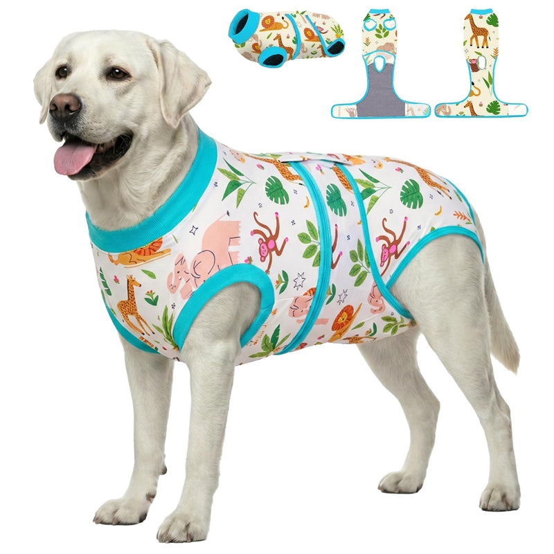 PetWarm Dog Surgery Suit, Surgical Suit for Dogs Female Spay Male Neutered, Dog Onesie for Surgery, Anti-Licking Dog Surgery Recovery Suit, Zoo Pattern, Green, XL X-Large