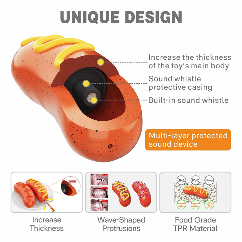 Hot Dog Squeaky Dog Toy - Interactive Rubber Dog Chew Toy for Aggressive Chewers - Durable Dog Accessories & Long Lasting Dog Chews - Humorous Gift for Dog Lovers - PawsPlanet Australia