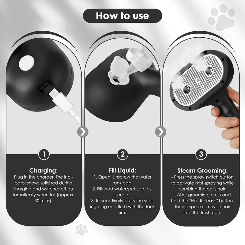 Cat Steam Brush for Grooming and Shedding for Long and Short Hair Pets Deshedding and Hair Removal tool for Dogs & Cats Self Cleaning 4 in 1 Massaging Pet Spray Spritz Defur Comb Black - PawsPlanet Australia