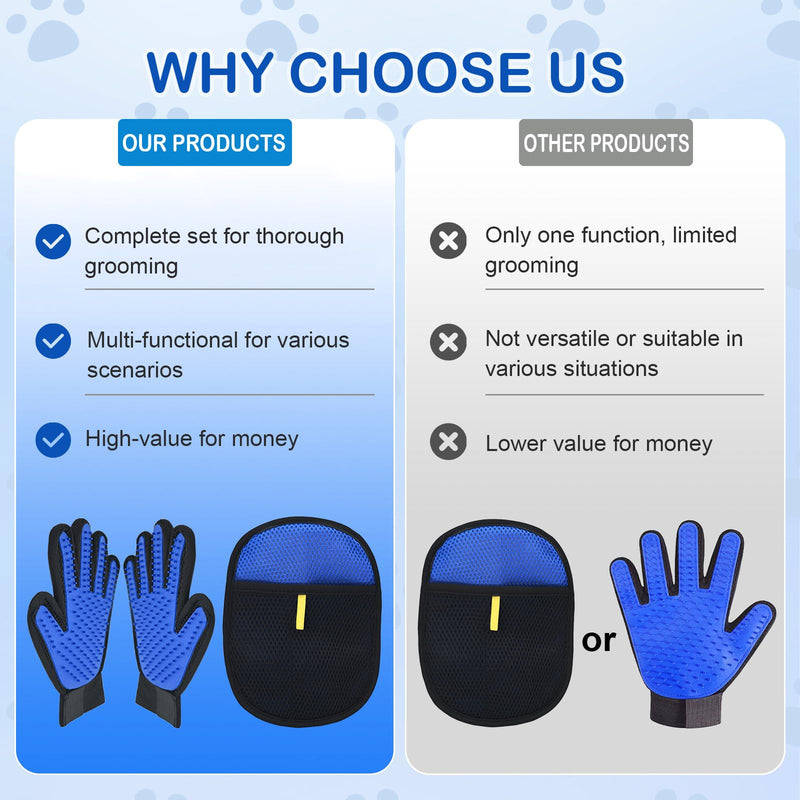 Pet Hair Removal Grooming Gloves Set – Silicone Cat & Dog Deshedding Gloves with Double-Sided Pet Hair Remover, Washable Reusable Anti-Static Grooming Set for Cats Dogs Horses (Blue) - PawsPlanet Australia