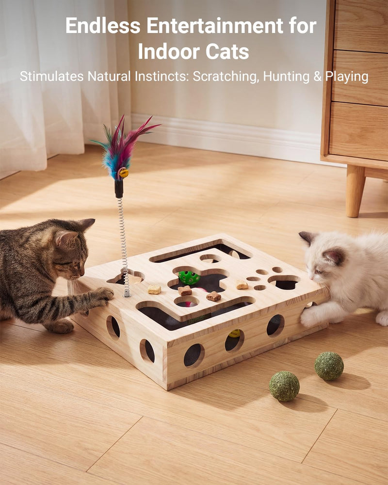 Cat Nail File Box with Interactive Cat Toys – 2026 Upgraded Cats Nail File Enrichment Box Scratch Puzzle Toy for Indoor Cats, Natural Claw Care with 2 Wand Toys&Catnip Ball&4 Bell Ball(Random Color)
