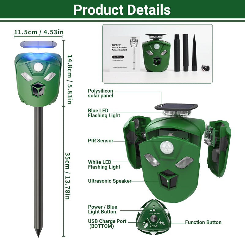 360° Solar Ultrasonic Animal Repellent Outdoor, Deer Repellent Devices with Flash Lights, Animal Deterrent Devices Outdoor for Squirrels, Snakes, Cats, Dogs, Rabbits, Opossums, Coyotes, Raccoons - PawsPlanet Australia