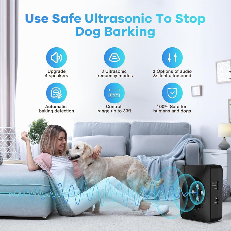 Dog Bark Deterrent Devices, Automatic Anti Barking Device with 4 Ultrasonic Transmitters, Audio & Ultrasonic Bark Box with 33FT Range, Rechargeable & Waterproof Outdoor Stop Barking Dog Devices