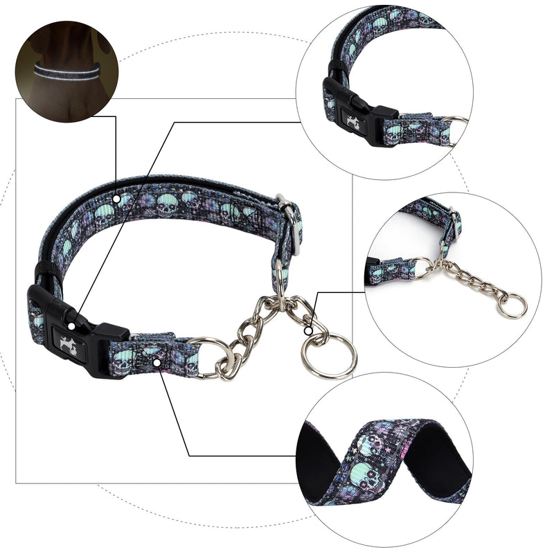 Martingale Collar - Reflective Nylon with Padded Comfort & Quick Release Buckle - Skull Design, No Slip Choke Heavy Duty Collar for Safe Training, Walking & Nighttime Use M 4 M (Neck 14"-18") - PawsPlanet Australia
