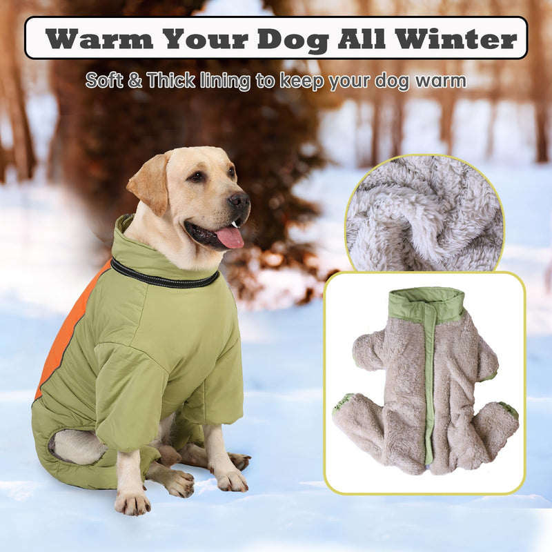 Dog Warm Thick Winter Snowsuit, Fullbody Zip Up Coat with Leash Ring, Reflective Windproof Waterproof Dog Snow Jacket, LightGreen,22 22