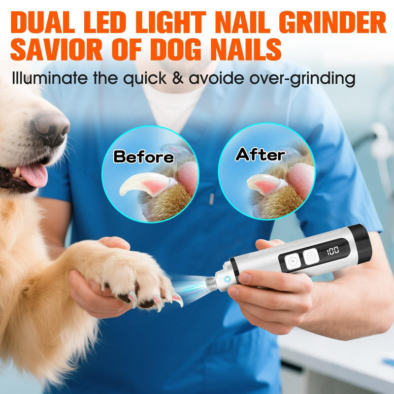 Dog Nail Trimmers Ultra Quiet Electric Pet Dog Nail Clippers Cat Nail Clipper with Led Lights Nail Grinder High Speed Nail File Electric Clippers for Grooming Small, Medium,Large Dogs and Cats (white) White - PawsPlanet Australia