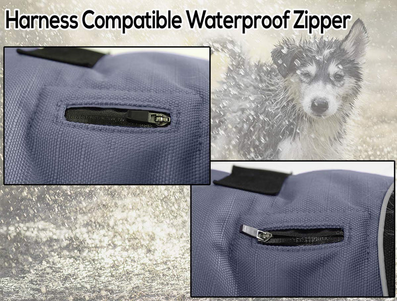 Derby Originals Ruff Pup 1200D Ripstop Waterproof Reflective Winter Dog Coat with Neck Cover and Harness Compatible Opening 220G 26" Charcoal/Black - PawsPlanet Australia
