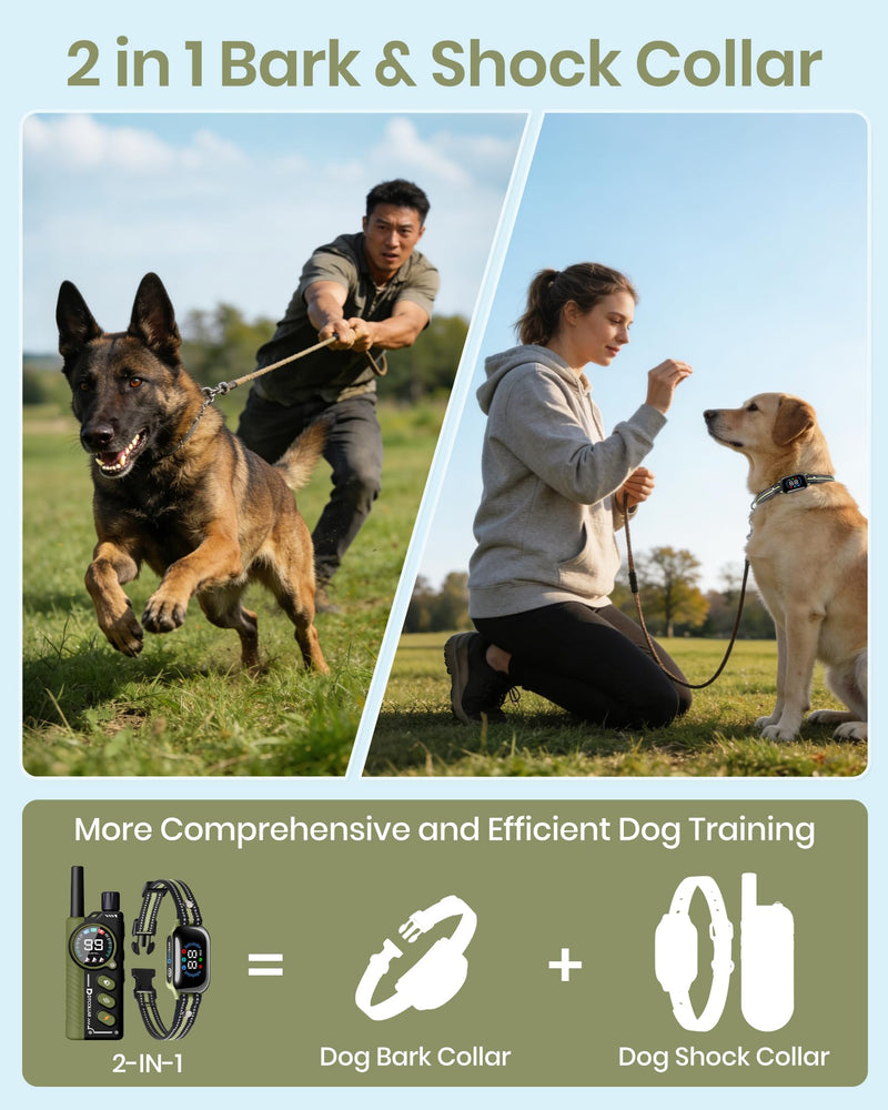 2-in-1 Bark & Shock Collar - Color Screen Dog Training Collar with Beep/Vibration/Shock/Anti Bark 4 Modes, 3300FT E Collar with Remote for Small Medium Large Dogs, IP67 Waterproof Rechargeable Seaweed - PawsPlanet Australia