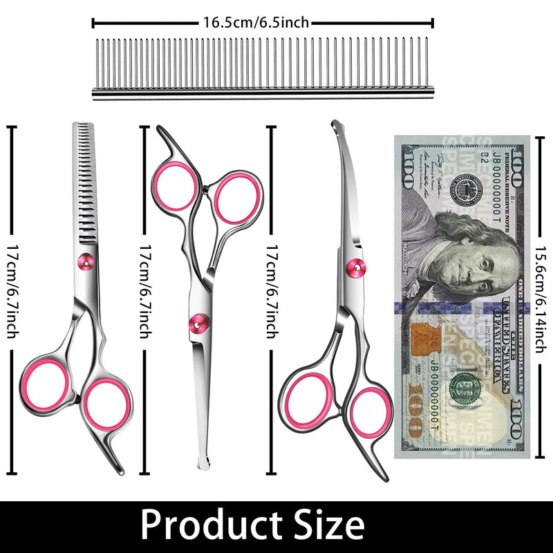 Dog Grooming Scissors with Safety Round Tip Pet Grooming scissors Kit Dog Shears kit Incudes Thinning Curved Straight Grooming Scissors Nail Clippers Nail File and Comb for dogs cats Pink 7 in 1 - PawsPlanet Australia