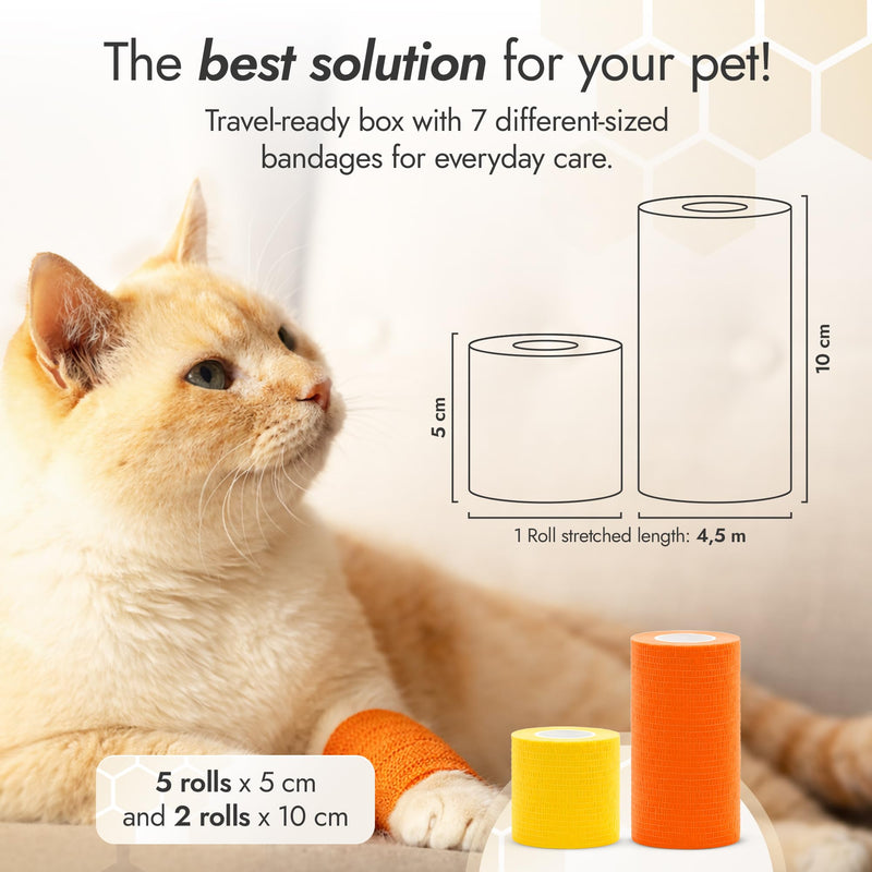 Self-Adhesive Elastic Dog Bandages for Wounds Protect from Licking, Dirt and Scratching – Set of Wraps from Natural Rubber Latex – Dog Bandage for Large & Small Pets – 5 х 5 cm + 2 х 10 cm Rolls 5 pcs x 5 cm + 2 pcs x 10 cm