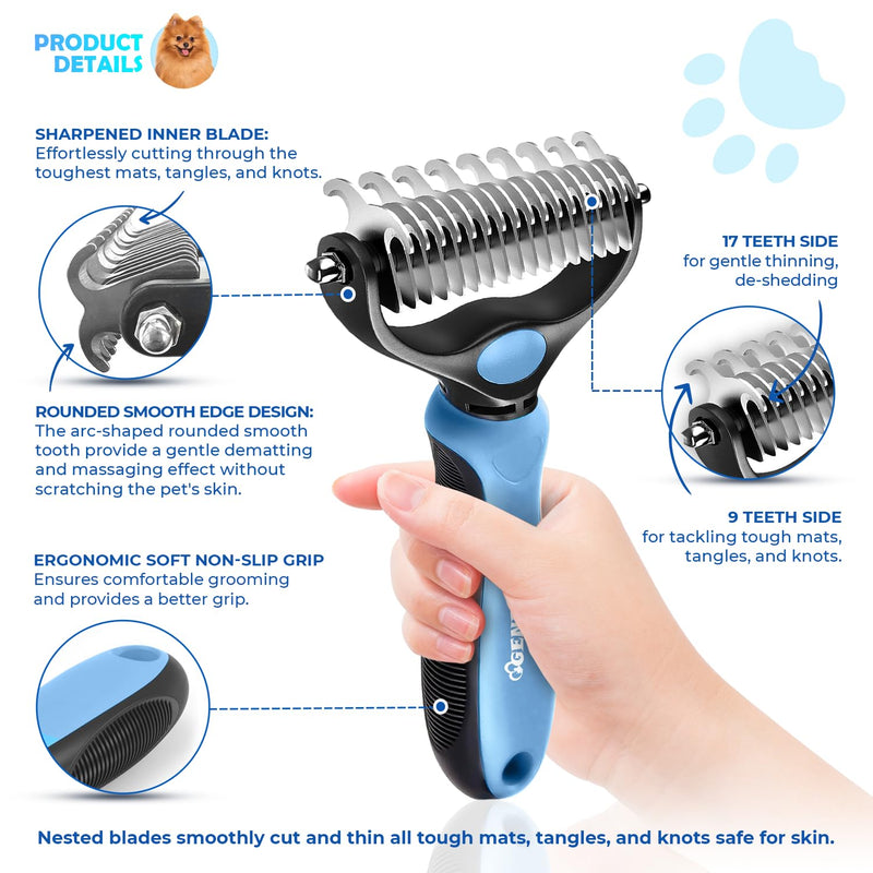 Undercoat Rake for Dogs & Cats, Dematting Comb with Extra Wide Double-Sided Stainless Steel Teeth for Detangling, Deshedding, Brushing, Thinning & Removing Shed Fur, Knots, Mats, and Tangles in Pets - PawsPlanet Australia