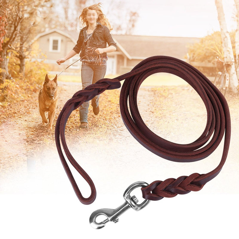 Leather Dog Lead Braided Brown Leather Pet Leash Dog Training Lead Rope Pet Walking Leads for Medium Large Dogs (6.89ft) 2.1m