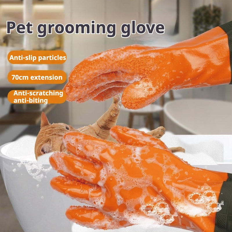 YOFANG Pet Grooming Gloves,27.2" Extra Long Waterproof Rubber Washing Gloves for Dogs & Cats,Anti-Bite Anti-Scratch Hair Removal Cat Bath Gloves with 3000+ Massage Particles,Orange 27.2" L Orange - PawsPlanet Australia