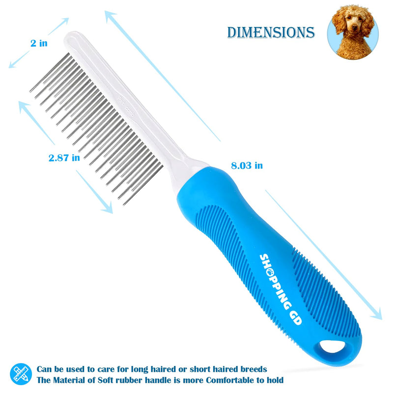 Detangling Pet Grooming Comb for Dogs & Cats with Long & Short Stainless Steel Metal Teeth for Removing Tangles and Knots - Dematting Brush to Detangle Matted Hair Blue comb