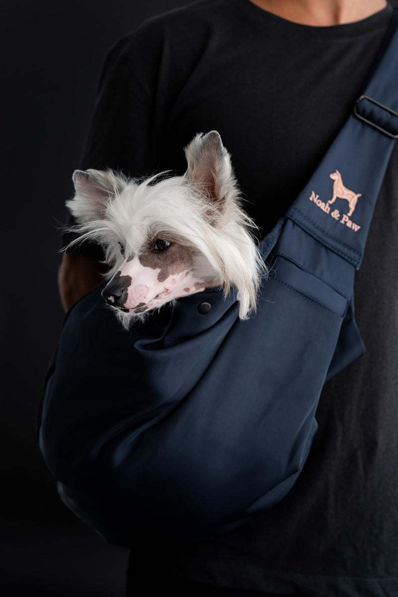Noah & Paw Dog Sling Carrier for Small Dogs 5-18lb, Dog Sling for Small Dogs and Cats, Dog Carrier with Adjustable Padded Strap, Premium Twill, Lined with Fur, Double Safety Feature, Machine Washable Navy Blue 46 cm L x 33 cm W x 17 cm H - PawsPlanet Australia