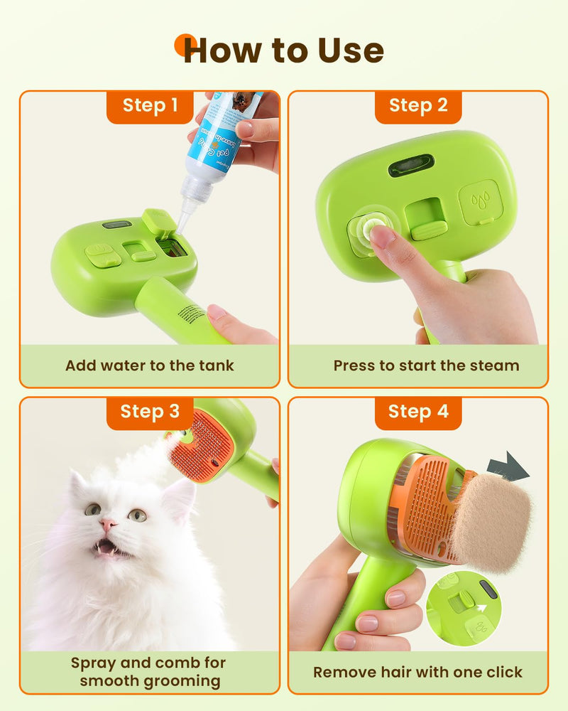 4-in-1 Cat Steam Brush, 2025 Upgraded Pet Steam Brush for Indoor Cats Dogs Spray Hair Removal Comb, 2 Spray Self-Cleaning Dog Brushes for Shedding,Massage,Cleaning Grooming (Green) Green - PawsPlanet Australia