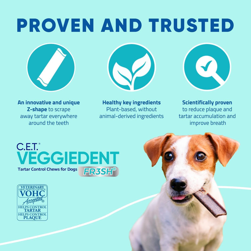 Virbac C.E.T.® VEGGIEDENT® FR3SH® Tartar Control Chews for Dogs with digestive health support, VOHC Approved, Medium 22-66lbs 1.55 Pound (Pack of 1) - PawsPlanet Australia