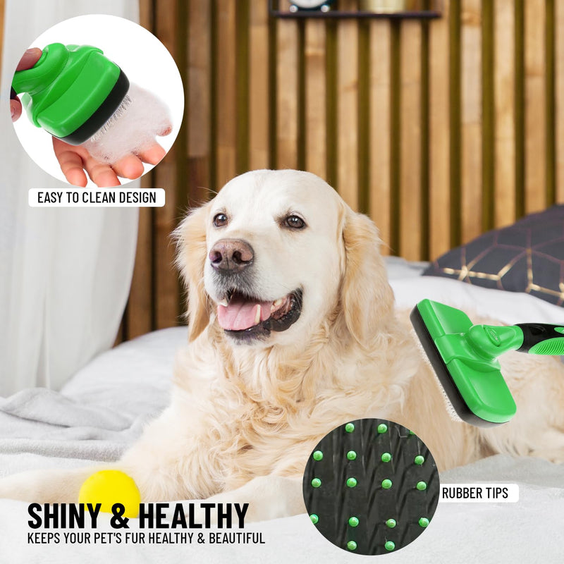 Self Cleaning Slicker Brush for Cat and Dog Coat - Detangler Dog Brush for Shedding & Grooming - Super Easy to Clean Deshedding Grooming Tool Removes Loose Pet Hair, Mats and Tangles (Green) Green - PawsPlanet Australia