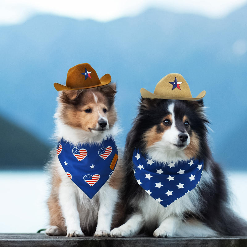 Vehomy 4th of July Pet Dog Costume - Dog Cowboy Hats with Star Décor Independence Day Dog Bandanas with American Flag Pattern 4th July Pet Hat and Scarf Outfit for Dogs Cats (4Pcs)