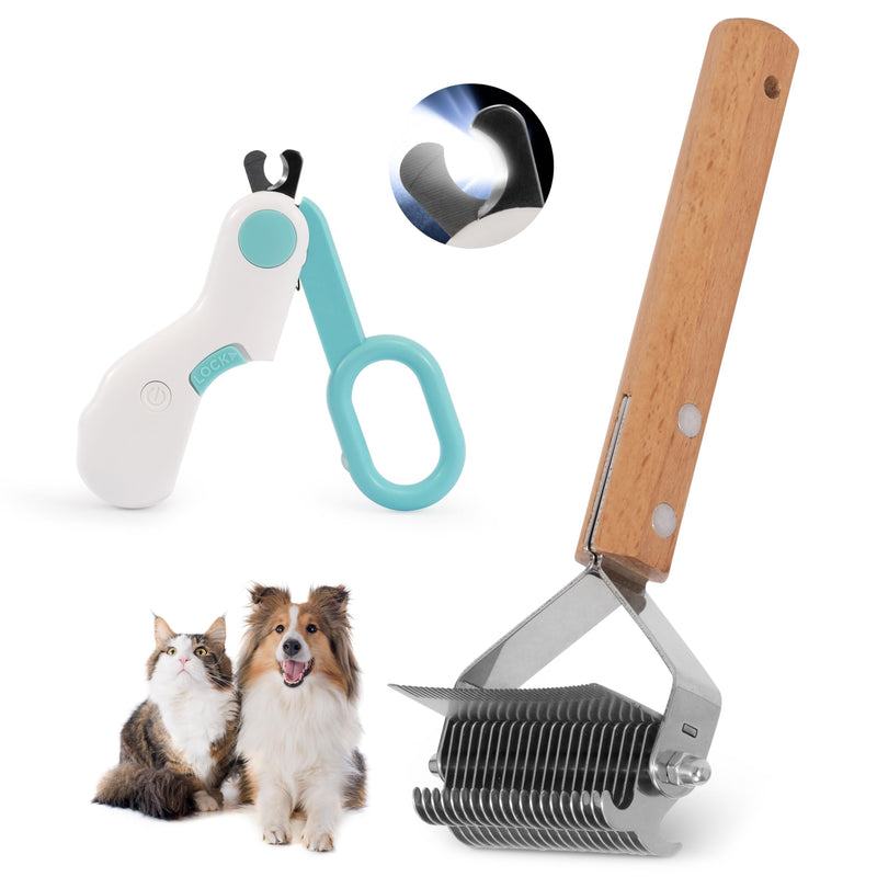 Dematting Comb for Dog and Cat - 2-in-1 Pet Grooming Brush for Long Haired Pet, Double Sided Dematting Shedding Comb with Nail Clipper, Matted Fur Removal Grooming Tool for Knots Mats Tangles