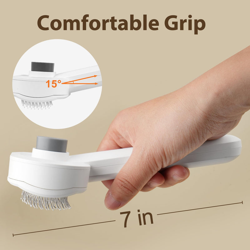 Self Cleaning Slicker Brush for Dogs & Cats - 2-in-1 Pet Grooming Tool with Flea Comb & Storage Box, Gentle Deshedding Brush for Long/Short Hair,White - PawsPlanet Australia
