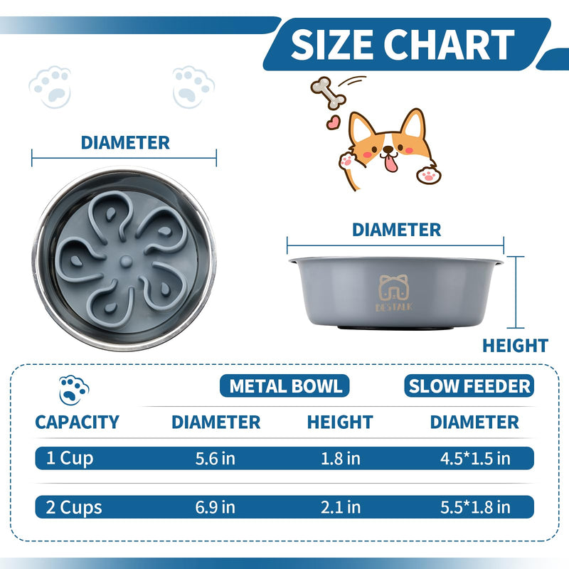 Stainless Steel Slow Feeder Dog Bowl, Bestalk 2-in-1 Metal Dog Bowls with Silicone Slow Feeder Insert for Small, Medium, Large Dogs(Grey, 1 Cup) - PawsPlanet Australia