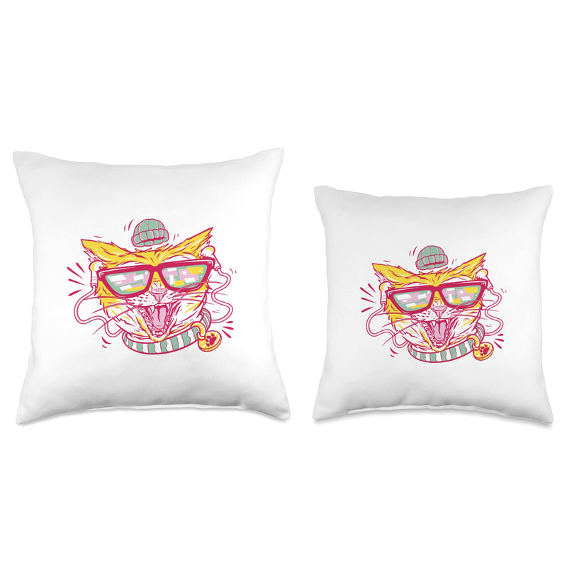 Hipster Cat Funny Cartoon Pet Sunglasses Cool Throw Pillow 16x16