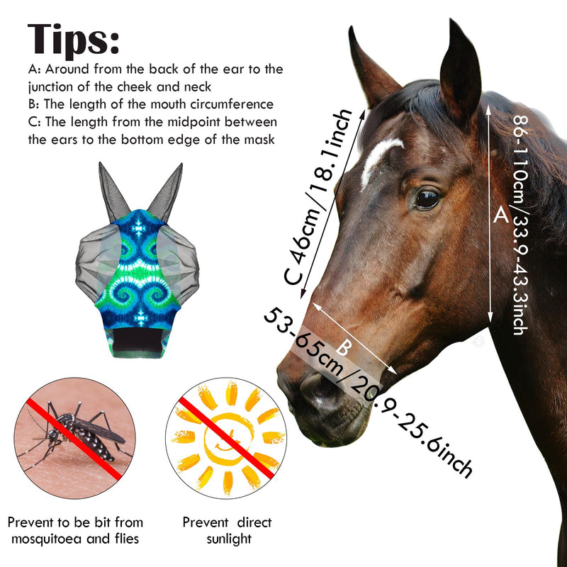 Frienda 4 Pcs 4th of July Horse Fly Masks with Ears Face Covering UV Protection from Insect Pests Elasticity Smooth Comfortable Mesh Horse Mask Accessories(Tie-dye,Large) Tie-dye Large