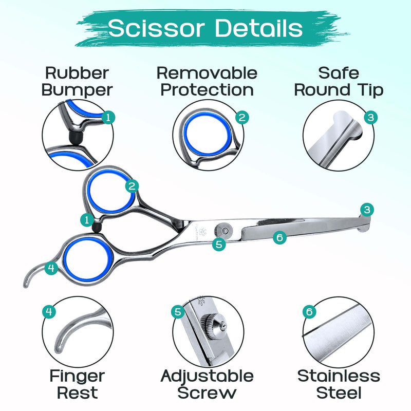 Professional Pet Grooming Kit – 6 in 1 Dog Grooming Scissor Kit - Dog & Cat Grooming Supplies - Adjustable Screw Scissors, 4CR Stainless Steel Dog Clippers, Hair Thinning Shears, Rubber Grips… Pack of 6 - PawsPlanet Australia