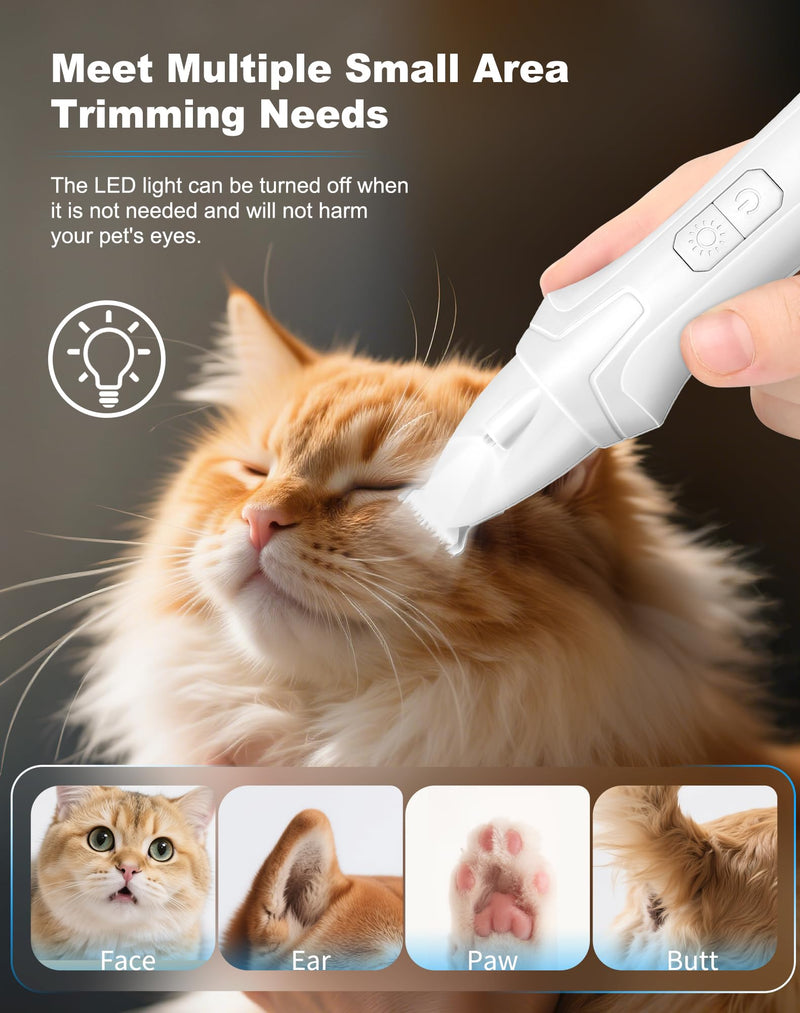 LEYOUFU Dog Paw Trimmer with LED Light, 2 Speed Low Noise Paw Trimmers for Dog's Feet, Cordless Electric Dog Clippers for Grooming Cat Hair Shaver for Paws, Ears, Face, Rump Small Areas(White) White - PawsPlanet Australia