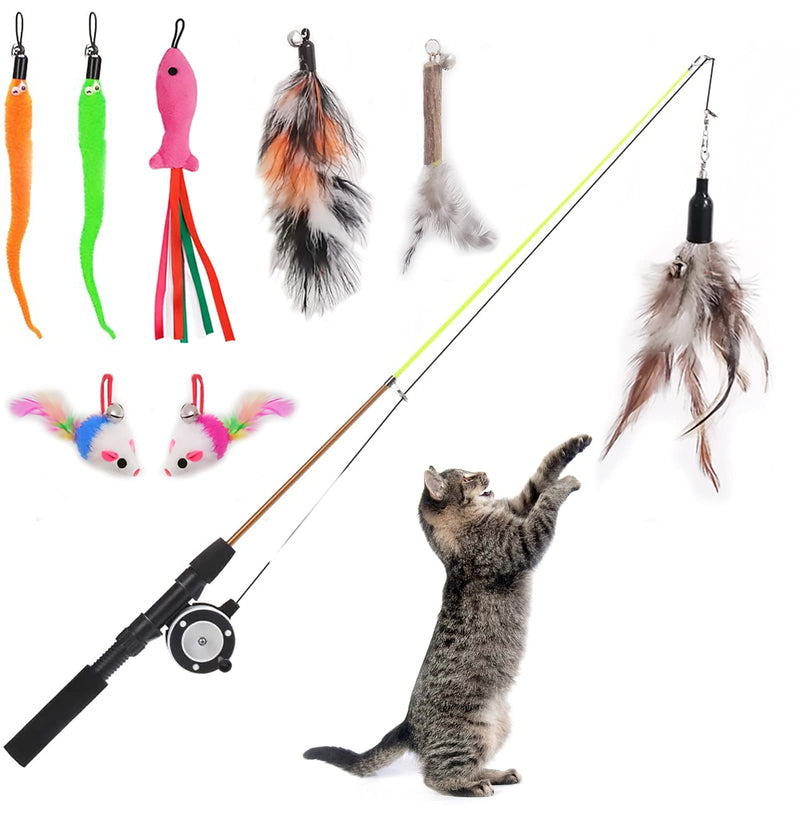 Retractable Cat Teaser Wand Toy, Cat Toys for Indoor Outdoor Cats Interactive Fishing Rod with 8 Pcs Refills Feather Toy, Plush Mouse Caterpillar & Fish