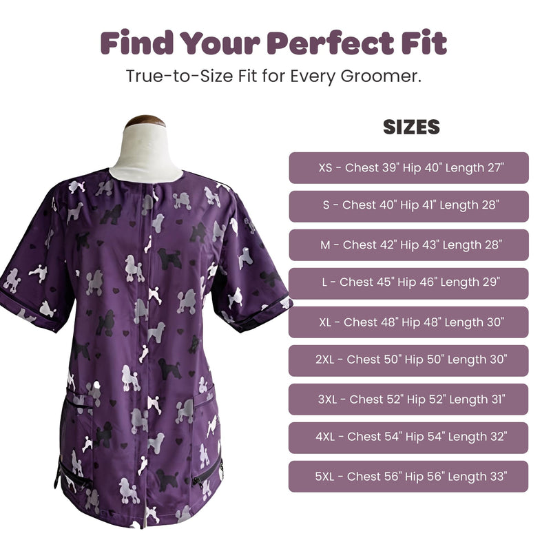 Ladybird Line 710 Purple Poodle Print Waterproof Dog Grooming Smock Hair and Bleach Resistant Covered Zipper Panel Mesh Back 4X-Large - PawsPlanet Australia