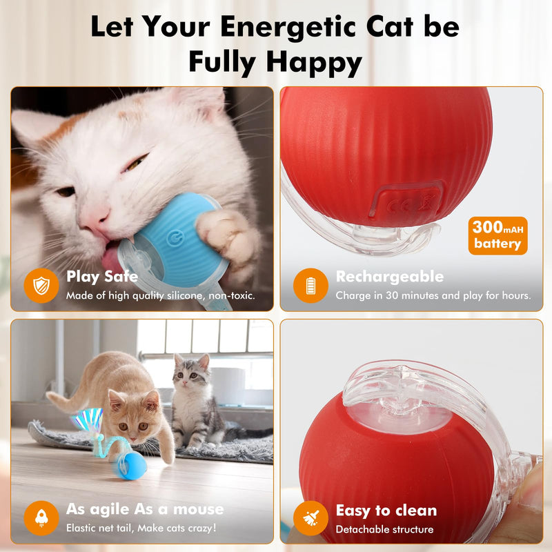 2 Packs Speed Tail 2.0 Interactive Cat Toys for Indoor Cats, Automatic Moving Cat Toy with Elastic Mesh Tail, Rechargeable Cats Ball for Enrichment Exercise red+blue - PawsPlanet Australia