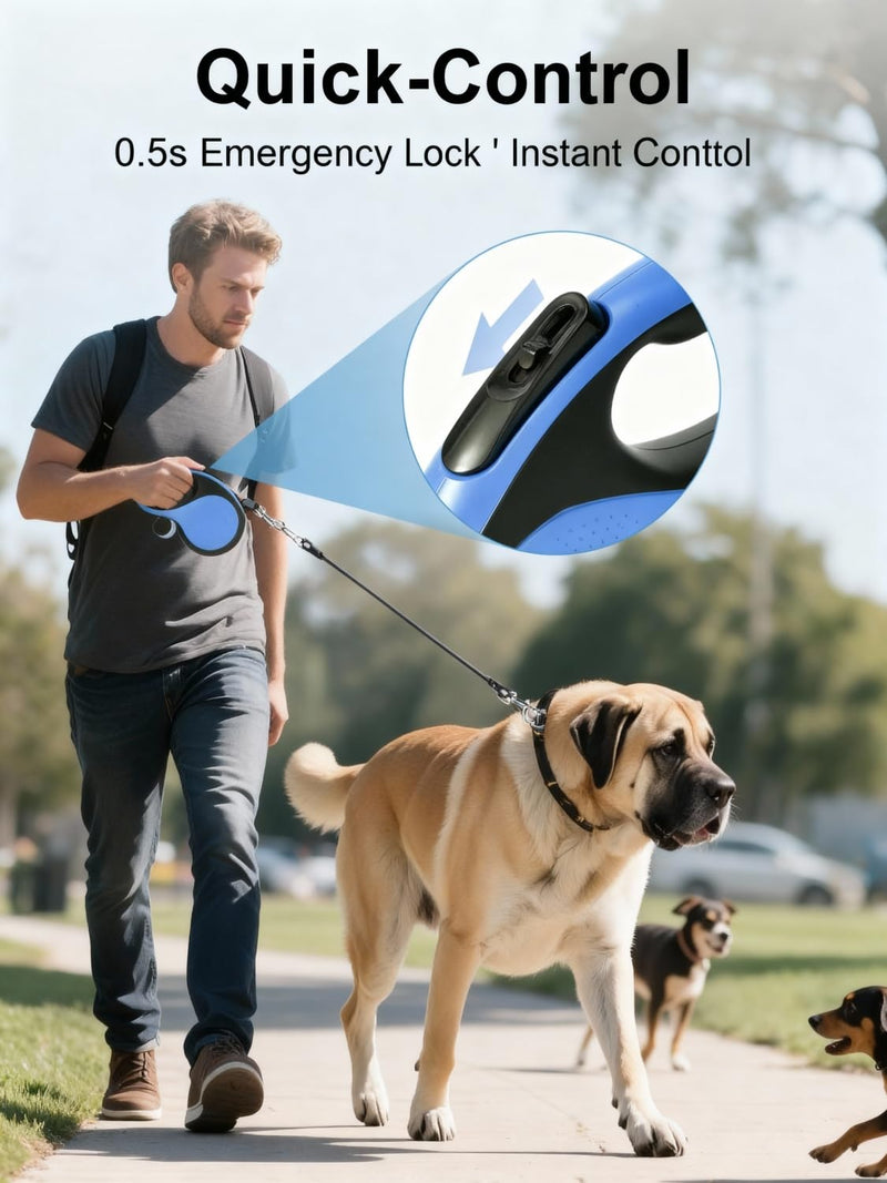 26FT Heavy Duty Retractable Dog Leash for Large Dogs Up to 110lbs,Chew Proof Nylon,360° Tangle-Free,One-Hand Brake Lock,Anti-Slip Grip,Extendable Leash with Poop Bag Holder (Blue) Blue Large - 26 ft