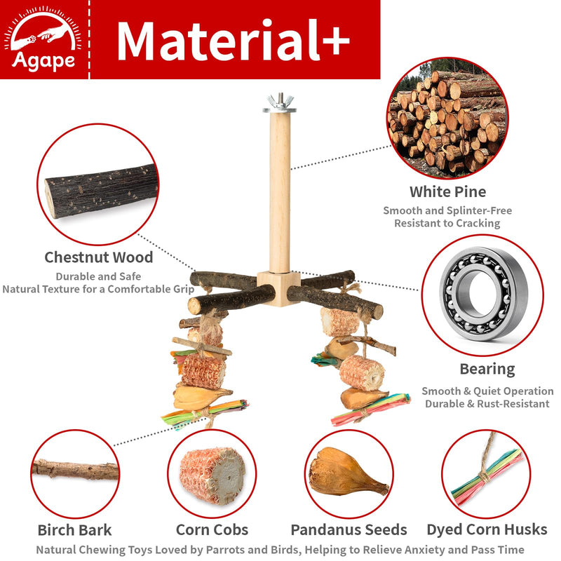 Agape Rotating Parrot Perch Toy with Chew Toy, Natural Wooden Perch Stand for Small & Medium Birds, Bird Cage Accessory with Exercise Wheel for Parakeets Cockatiels Lovebirds Conures Finches Budgies Natural Wood Color Chew Toys - PawsPlanet Australia