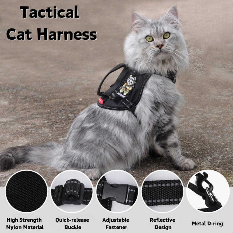 Cat Harness and Leash Set for Walking Escape Proof Adjustable Reflective Large Cat Tactical Harness with Patches Breathable Summer Vest Soft Mesh Padding Handle Easy to Control (Black, M) Black - PawsPlanet Australia