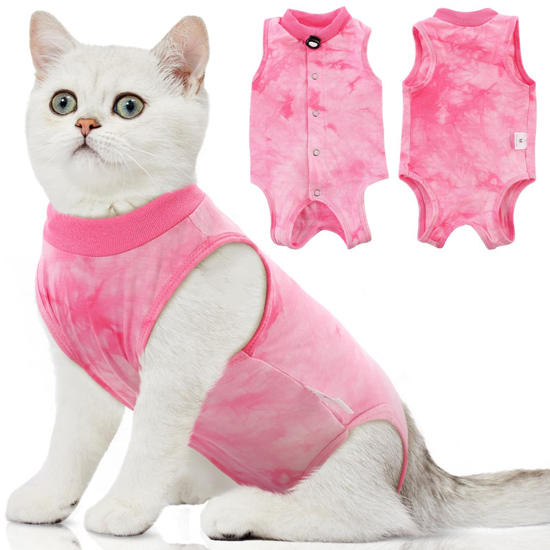 SAWMONG Cat Surgery Recovery Suit,Breathable Cat Onesie After Surgery Spay Surgical,E-Collar Alternative Non-Lick Pet Body Suit Pink M Medium