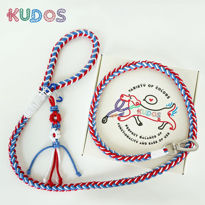KUDOS Braided Cotton Dog Leash – Secure Handle & Locking Buckle, Handwoven Rope in Red Blue White, 5.2ft Leash with Floral Charm for Small to Large Dogs, Nautical Theme Nautical Breeze - PawsPlanet Australia