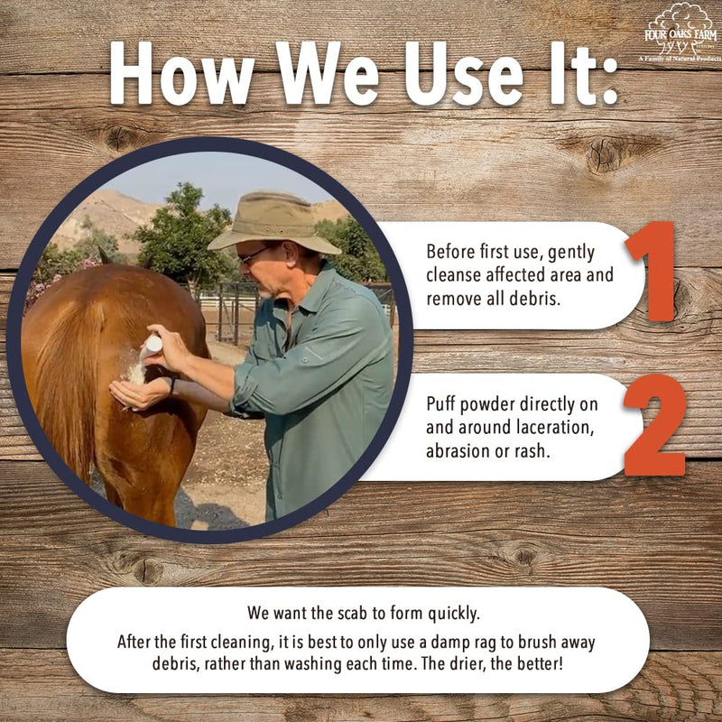 Four Oaks Farm Ventures, Dust On! All in One Wound Dressing - Dry Powder Treatment for Healing Wounds, Staunch Bleeding Fast, Dehorning/Docking - All Natural Formula, Non-Caustic, Easy to Use (2.5 oz)
