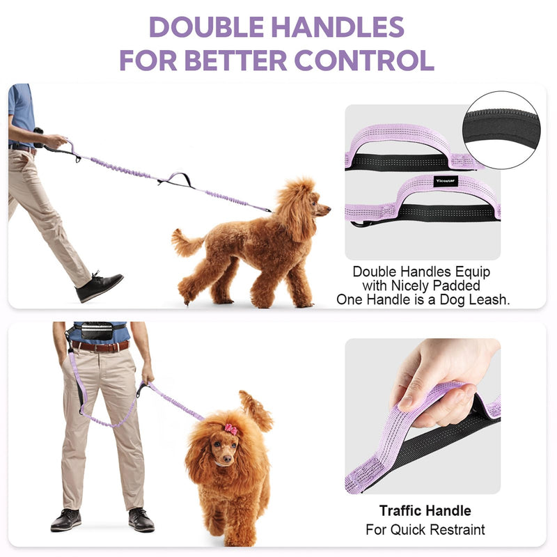 Hands Free Dog Leash, Adjustable Waist Belt with Double Padded Handles,Retractable Bungee, Waist Leash for Dog Walking,Running, No Pull,Purple Purple Large 1 Leashes