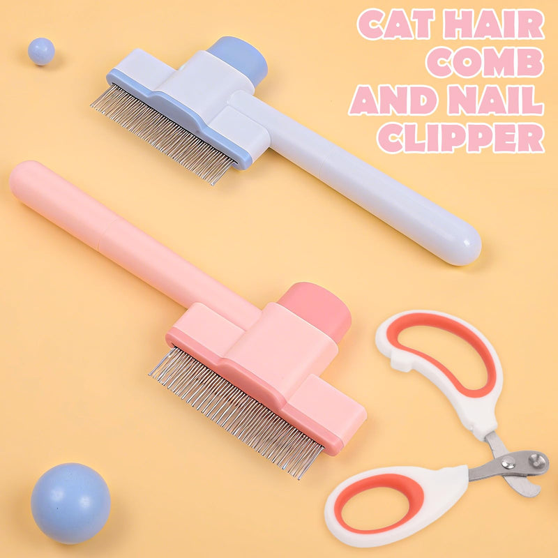 3Pcs Self Cleaning Pet Flea Comb Grooming Brush Set, Cat Hair Fine Tooth Combs for Indoor Cats Shedding with Round Hole Nail Clipper - PawsPlanet Australia